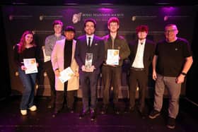 RTS NI Student Award winners from Ulster University who won three awards for Animation, Craft Production and Craft Camera Work and Highly Commended certificates for Animation, Drama, Ent & Comedy and Factual (Short Form). They are pictured on stage with their UU lecturer at the Black Box Belfast.