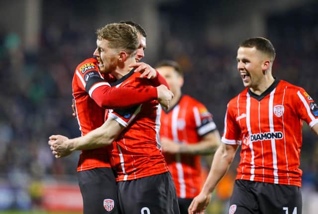 Jamie McGonigle celebrates his winning goal in Tallaght. Photo by Kevin Moore.
