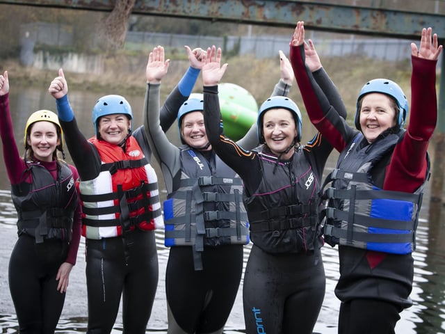 GIRL POWER!. . . .Staff from St. Joseph’s Boys School who successfully completed the Children in Crossfire Pier Jump on Saturday last.