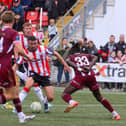 Michael Duffy takes on Galway right-back Jeannot Esua.