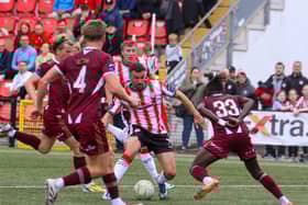 Michael Duffy takes on Galway right-back Jeannot Esua.