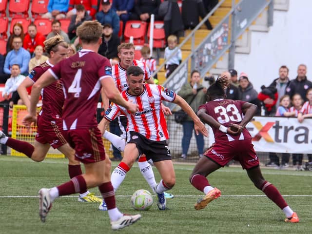 Michael Duffy takes on Galway right-back Jeannot Esua.