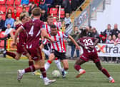 Michael Duffy takes on Galway right-back Jeannot Esua.