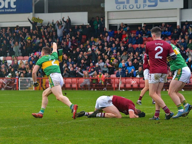 Glen's Cathal Mulholland wheels away in celebration after his goal clinched the Derry Senior football championship final against Slaughtneil in Celtic Park on Sunday afternoon. DER2243GS – 003