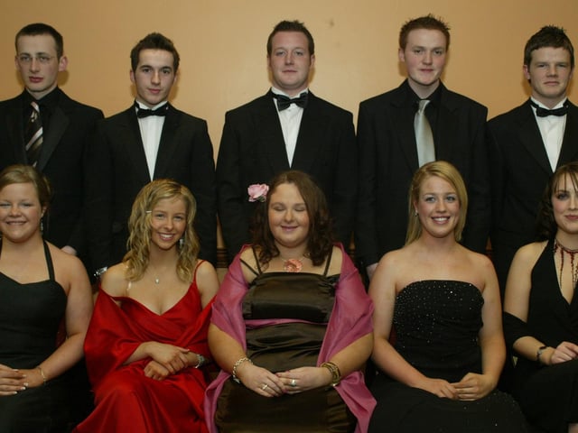 Elizabeth O'Leary, Kate O'Leary, Naimh Canavan, Maggie O'Leary and Chloe McKenna with Peter Houston, Anthony Cooley, Emmet O'Leary, Christopher Butler and Peter Moore.   (0203JB38):Attendees enjoying the Thornhill College formal in April 2004.