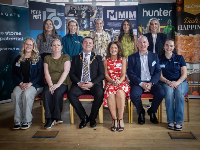 The Mayor of Derry City and Strabane District Council, Ruairi McHugh pictured at the GEMX certificate presentation in Ulster University Magee on Thursday last. Front from left are Zara McLaughlin, GEMX, Nicky Gilleece, DCSDC, Joanne Sweeney, Project Director, GEMX, Paul Kirkpatrick, Chair, GEMX and Cieara Laidler, GEMX. Back from left, Niamh Crawford, Foyle Port, Blathnaid McCole, Hunters, Charlene Kelly, McColgan’s Foods, Gemma Breslin, Seagate, and Leona Gillespie, MiM. (Photos: Jim McCafferty Photography)