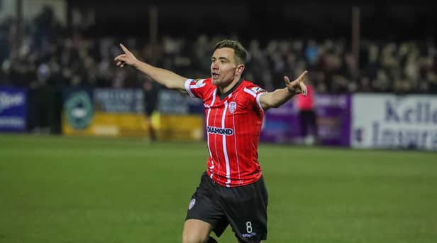 Joe Thomson celebrates his goal against Dundalk.