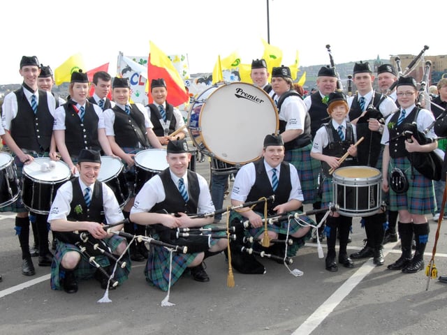 Derry's award winning pipe band the Colmcille Pipe band pictured at the St Patrick's day parade. 1703Ap10