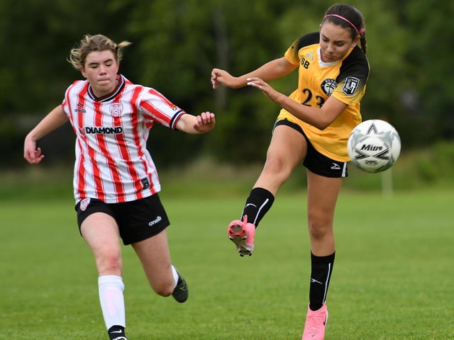 Gundo FC's Audrey Winkle fires in a shot at goal during their girls under-15's match against Derry City Ladies.