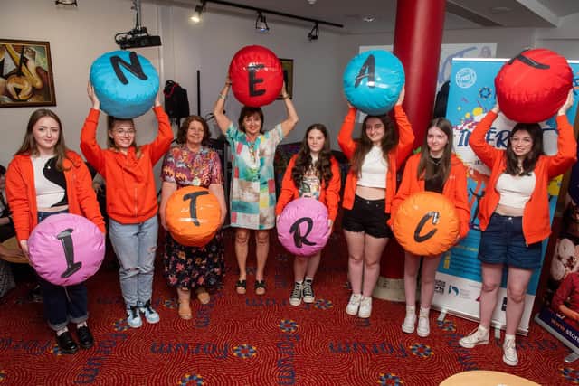 The Mayor Councillor Patricia Logue and Professor Dolores O’Reilly, pictured with members of the Millennium Forum’s Youth Forum who have organised the  annual InterAct Youth Arts Festival.