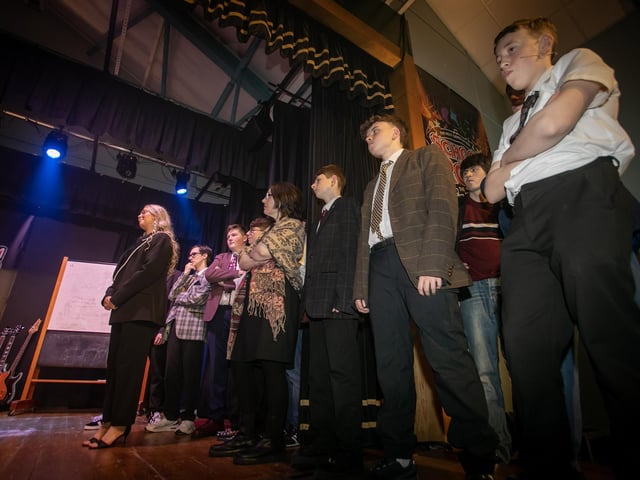 Principal 'Miss Mullins' (Keeve Parkes) with some very irate parents on stage on Thursday night.