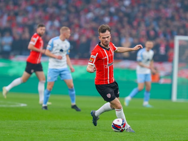 Derry City midfielder Cameron Dunnigan in control of the action during the Candystripes' 4-0 FAI Cup final victory over Shelbourne. (Photo: Photo: Kevin Moore/MCI)