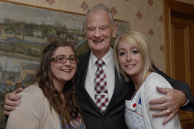 Dr. Tom McGinley pictured with Emma Anderson, left, and Claire McLaughlin who performed the official opening of the Foyle Hospice in 1991, at the opening ceremony for a new courtyard garden which was created to celebrate the 20th anniversary of the hospice in 2011. INLS2611-205KM