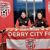 Derry City's new signing Ben Doherty alongside manager Ruaidhrí Higgins, at the Ryan McBride Brandywell Stadium. Picture by Kevin Morrison