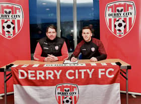 Derry City's new signing Ben Doherty alongside manager Ruaidhrí Higgins, at the Ryan McBride Brandywell Stadium. Picture by Kevin Morrison