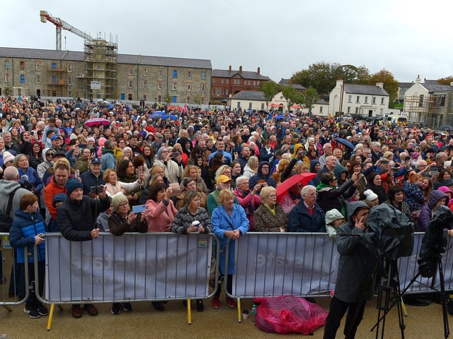 Some of the large attendance at Ebrington Square sing along during Phil Coulter’s  live performance of his iconic hit ‘The Town I Loved So Well' on Saturday afternoon last.Photo: George Sweeney.  DER2240GS – 15