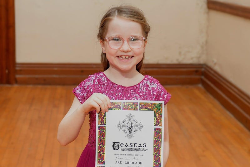 Emma Douglas received a certificate for Sight Teat P6/7 at the Feis Dhoire Cholmcille on Tuesday at St Columb’s Hall. Photo: George Sweeney.