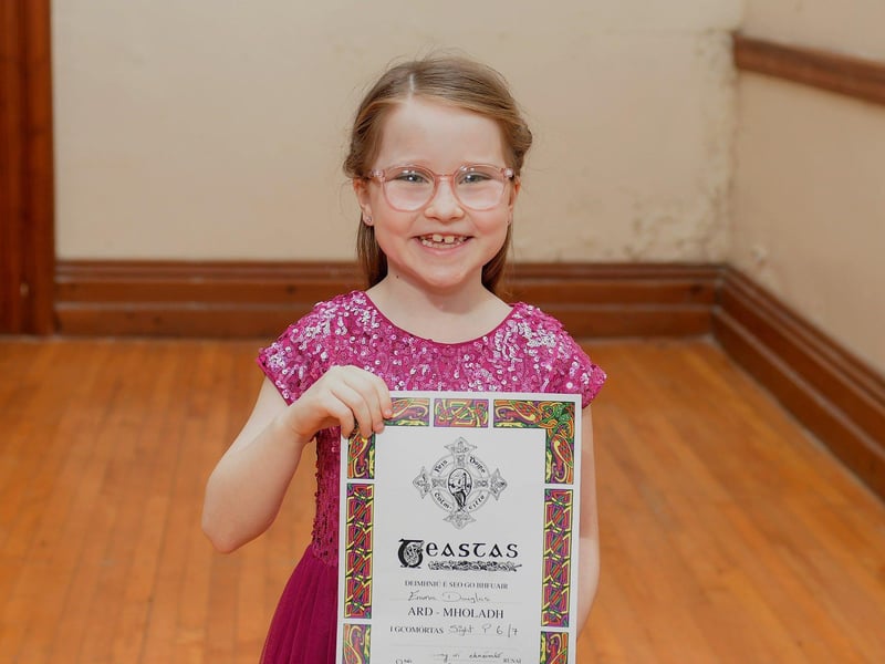 Emma Douglas received a certificate for Sight Teat P6/7 at the Feis Dhoire Cholmcille on Tuesday at St Columb’s Hall. Photo: George Sweeney.