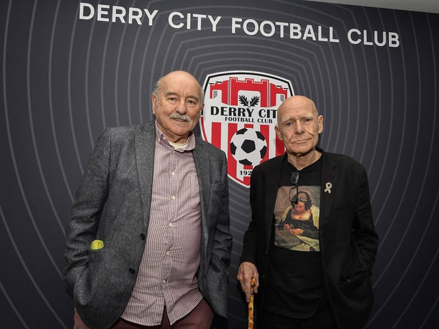 Eddie Mahon and Eamonn McCann at the Derry City FC celebration of 40 years in the League of Ireland held in the Everglades on Saturday evening. Photo: George Sweeney