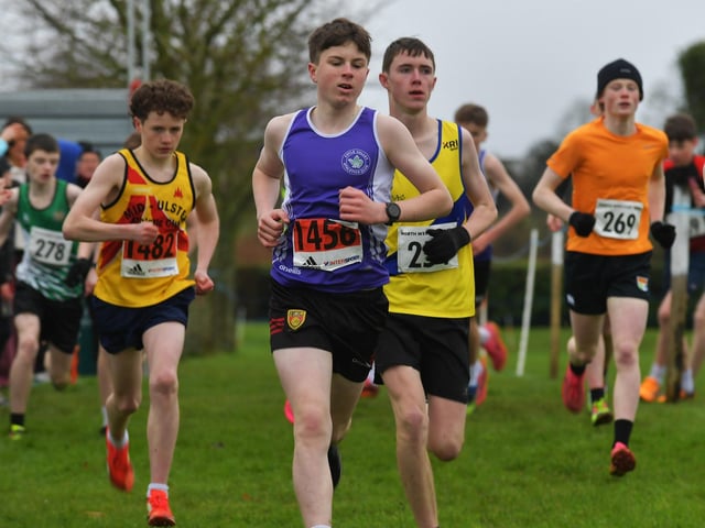 Foyle Valley’s Ronan Doherty (1456) competing in the U15/U17 3k race at Thornhill College. Photo: George Sweeney