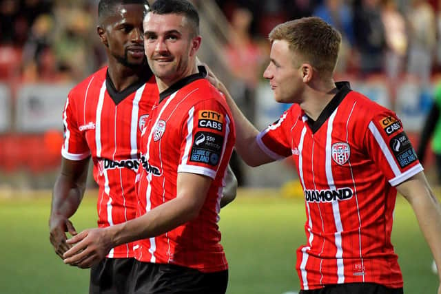 Derry City star Michael Duffy pictured with Sadou Diallo and Brandon Kavanagh