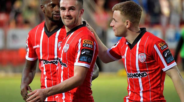 Derry City star Michael Duffy pictured with Sadou Diallo and Brandon Kavanagh