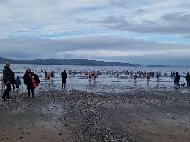 Christmas Day dippers at the annual swim at Ludden beach, Buncrana, County Donegal.