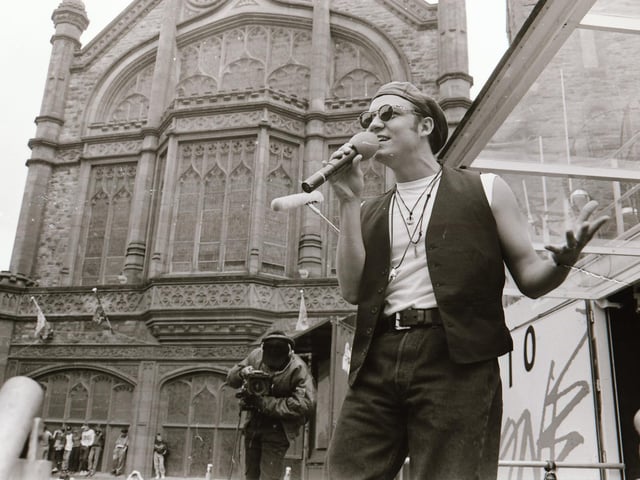 An artist performing at the BBC Radio 1 roadshow in 1993