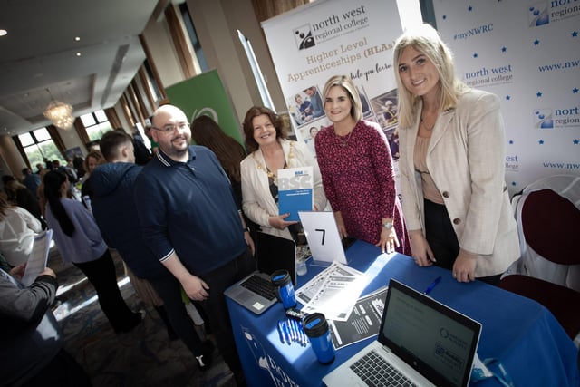 Visiting the North West Regional College stall at the Derry Job Fair, Mayor Patricia Logue is pictured with staff members Conor McBay, Helen McGonigal and Tamara Hays.