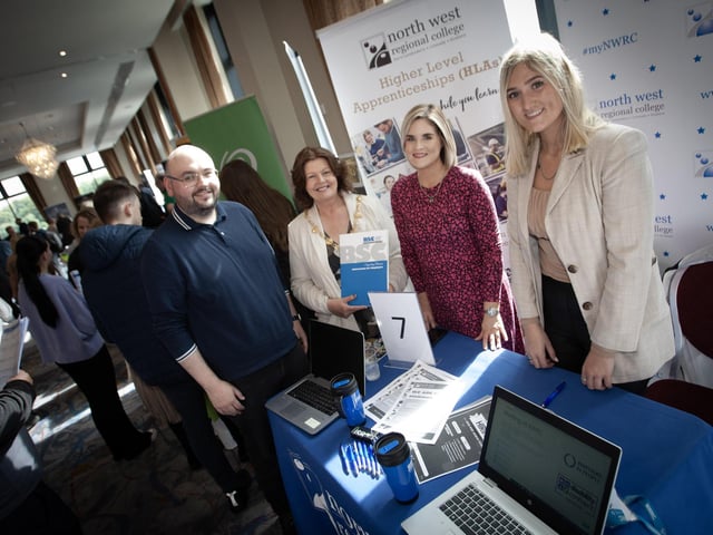 Visiting the North West Regional College stall at the Derry Job Fair, Mayor Patricia Logue is pictured with staff members Conor McBay, Helen McGonigal and Tamara Hays.