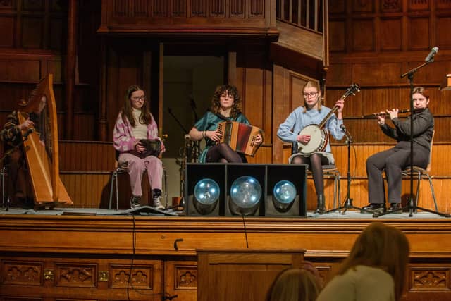 The Mayor Councillor Sandra Duffy hosted an evening to mark International Womens Day in the Guildhall which included a performance by Colmcille Ladies Choir, an address by Mary Keogh and a comical speech by Charmaine O’Donnell compered by Jeananne Craig. Picture Martin McKeown. 08.03.2