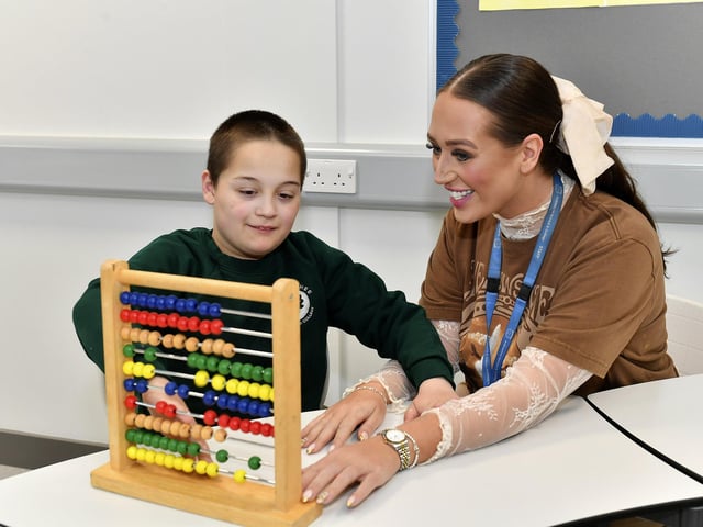 Pupil Oran Jackson with teacher Laura McLaughlin at the newly opened Ardnashee School and College Northland Academy, on Northland Road, on Monday morning. Photo: George Sweeney