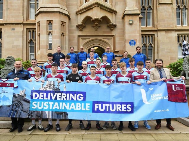 Institute FC receiving their new strip at Ulster University.