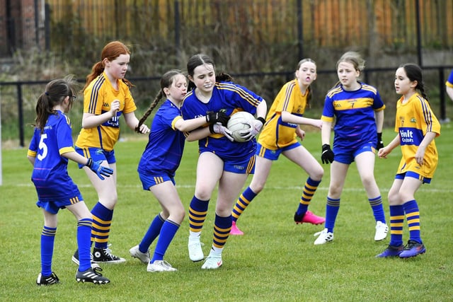 St Paul’s PS against St Therese’s PS during the Derry Primary Schools Football Championships at Steelstown GAC. Photo: George Sweeney