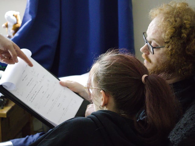 Actress Louise Flello with crew member Ryan O' Connor