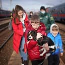 ZAHONY, HUNGARY - MARCH 02: Refugee Kyryl (surname withheld) aged 9, from Kyiv arrives with his pet dog Hugo at the Hungarian border town of Zahony on a train that has come from Ukraine on March 02, 2022 in Zahony, Hungary. Refugees from Ukraine have fled into neighbouring countries such as Hungary, forming long queues at border crossings, after Russia began a large-scale attack on Ukraine on February 24, 2022. (Photo by Christopher Furlong/Getty Images)