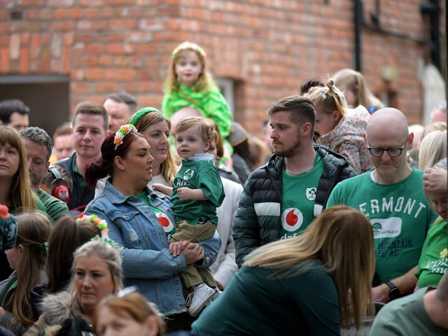 People enjoy the atmosphere at the St Patrick’s Day celebrations. Photo: George Sweeney