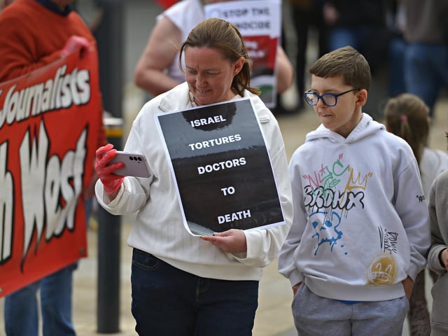 Supporters take part in a Freedom for Palestine march and rally, in Guildhall Square, on Saturday afternoon.  Photo: George Sweeney