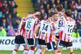 Derry City players celebrate Sadou Diallo's first half equaliser at Dalymount Park. Photograph by Kevin Moore.