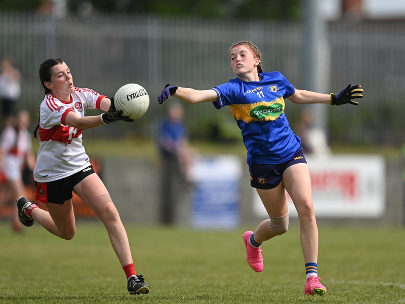 Action from the 2023 All-Ireland U14 Gold Final between Derry and Tipperary at Clan na Gael GAA Club in Dundalk, Louth. Photo by Stephen Marken/Sportsfile