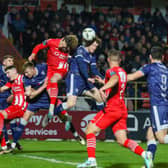 Cameron McJannet rises to head the ball under pressure during the first half against Sligo Rovers. Photograph by Kevin Moore (MCI)