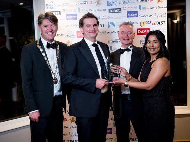 Winners of the Innovation & Technology Award, Hunter Apparel Solutions, pictured with Hugh Hegarty, Chair of City Centre Initiative; Andrew Fleming, President of Londonderry Chamber of Commerce; and Kokila Nagaraj of Allstate NI who sponsored the award. : .