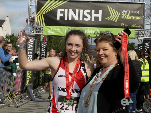 Caitlin Harvey who finished in second place, is congratulated by Mayor of Derry Cllr. Patricia Logue.