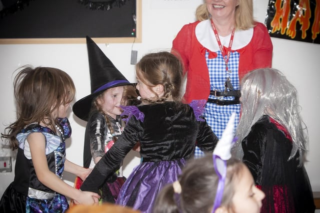 Mrs Siobhan Gillen, Principal, Steelstown PS getting into the Halloween spirit with Primary 3 children. (Photos: Jim McCafferty Photography)