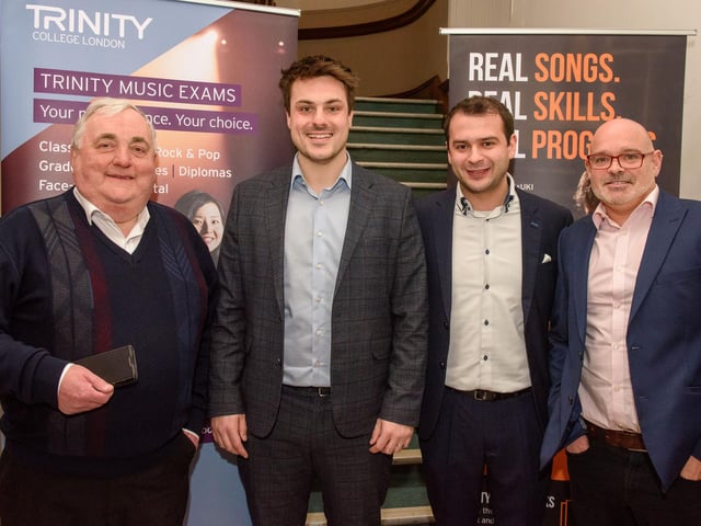 Louis Fields and Nicky Morton, founders of St.Columb’s School of Music pictured with Howard Gilllespie and Toby Davies as they hosted the School’s annual Gala concert in St.Columb’s Hall headlined by the Swingles, Picture Martin McKeown.
