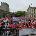 Foyle Cup teams and supporters gather in Guildhall Square. Photo: George Sweeney