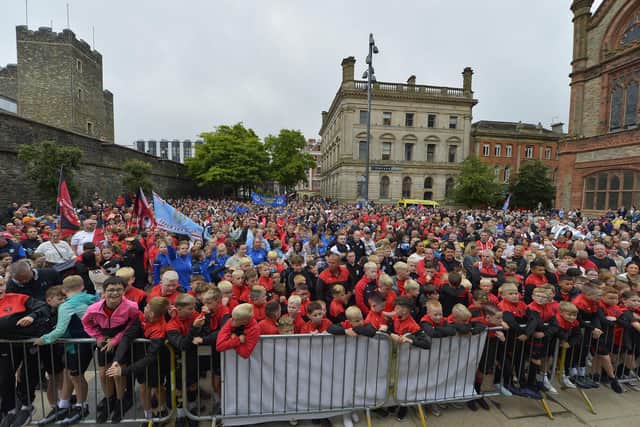 Foyle Cup teams and supporters gather in Guildhall Square. Photo: George Sweeney