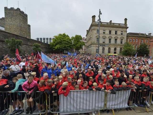 Foyle Cup teams and supporters gather in Guildhall Square. Photo: George Sweeney