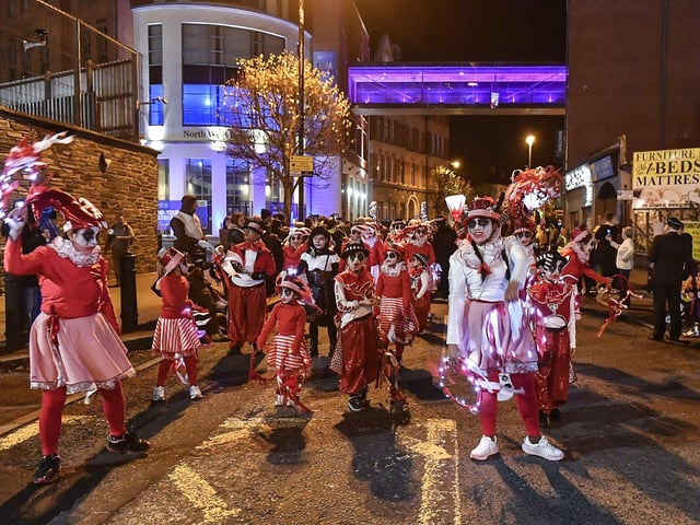 Derry’s ‘City of the Bones’ Halloween carnival parade makes its way along Strand Road on Friday evening.  Photo: George Sweeney