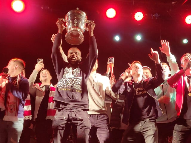 Derry City players' huge welcome home to the Guildhall Square after their FAI Cup Final win.